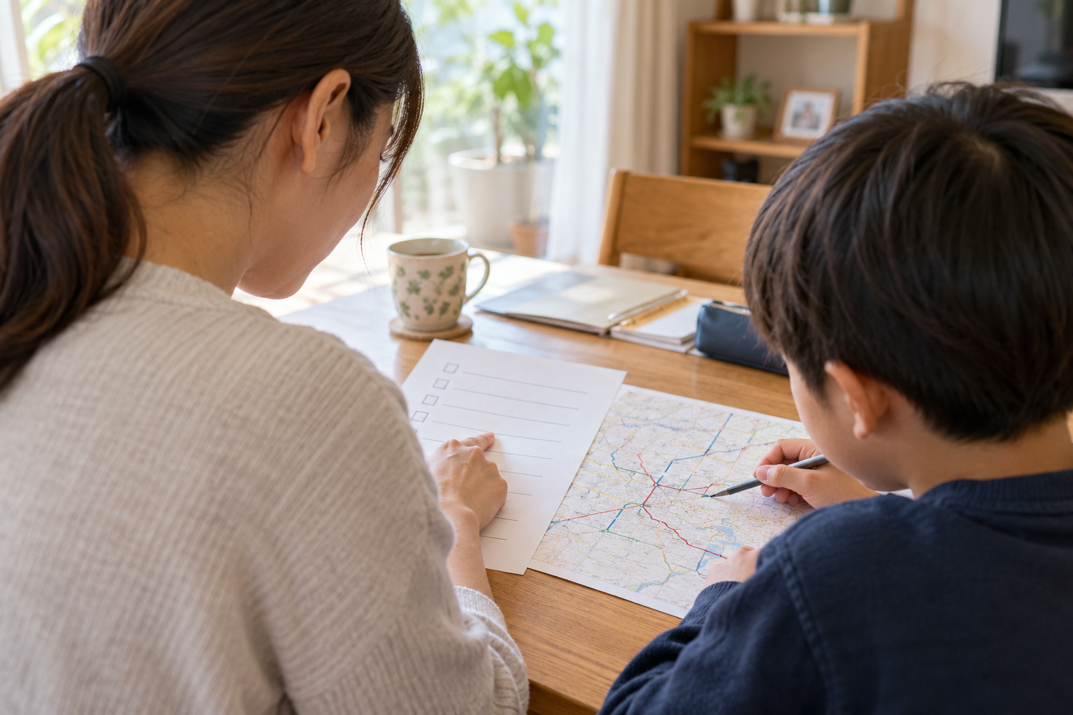 親子で学校見学の確認項目と移動経路を整理するイメージ