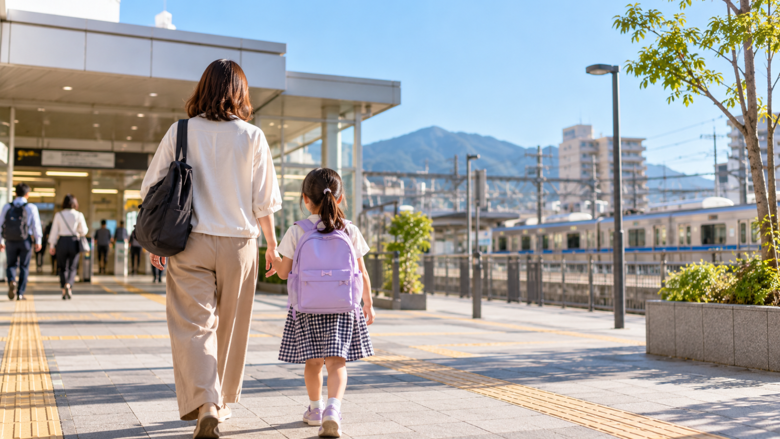 駅へ向かう親子を描いた通学イメージ