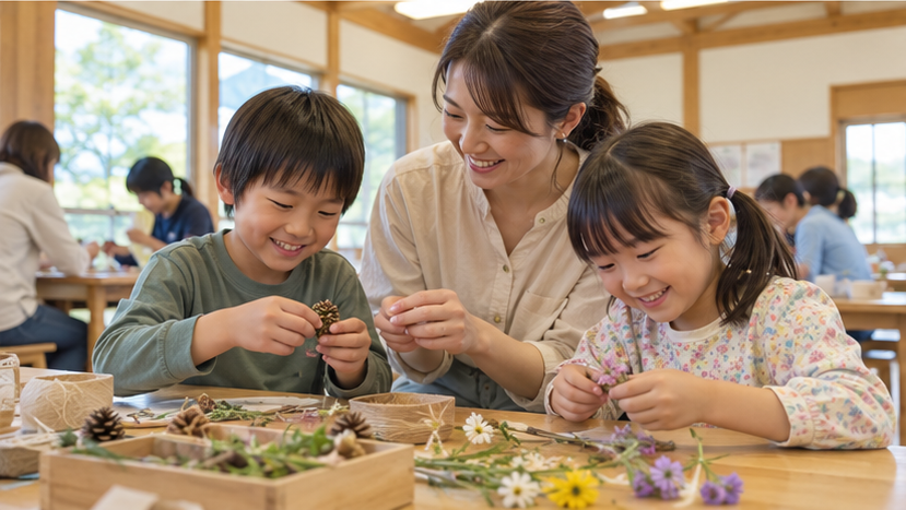安曇野の自然体験をイメージした、子どもが川辺で自然を観察する生成画像