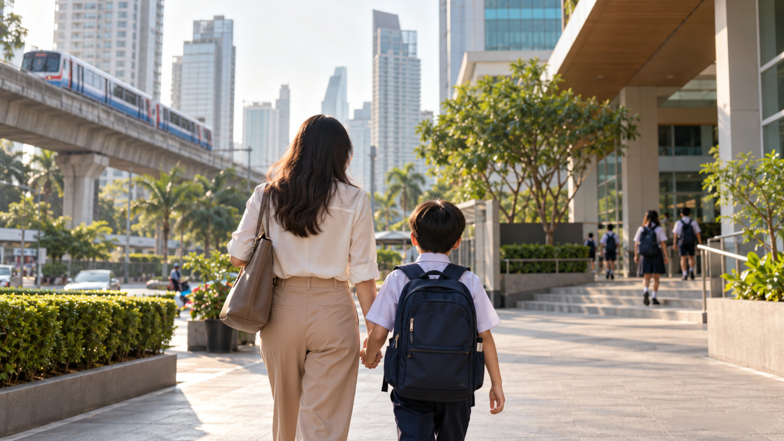 バンコクで通学先まで歩く親子のイメージ