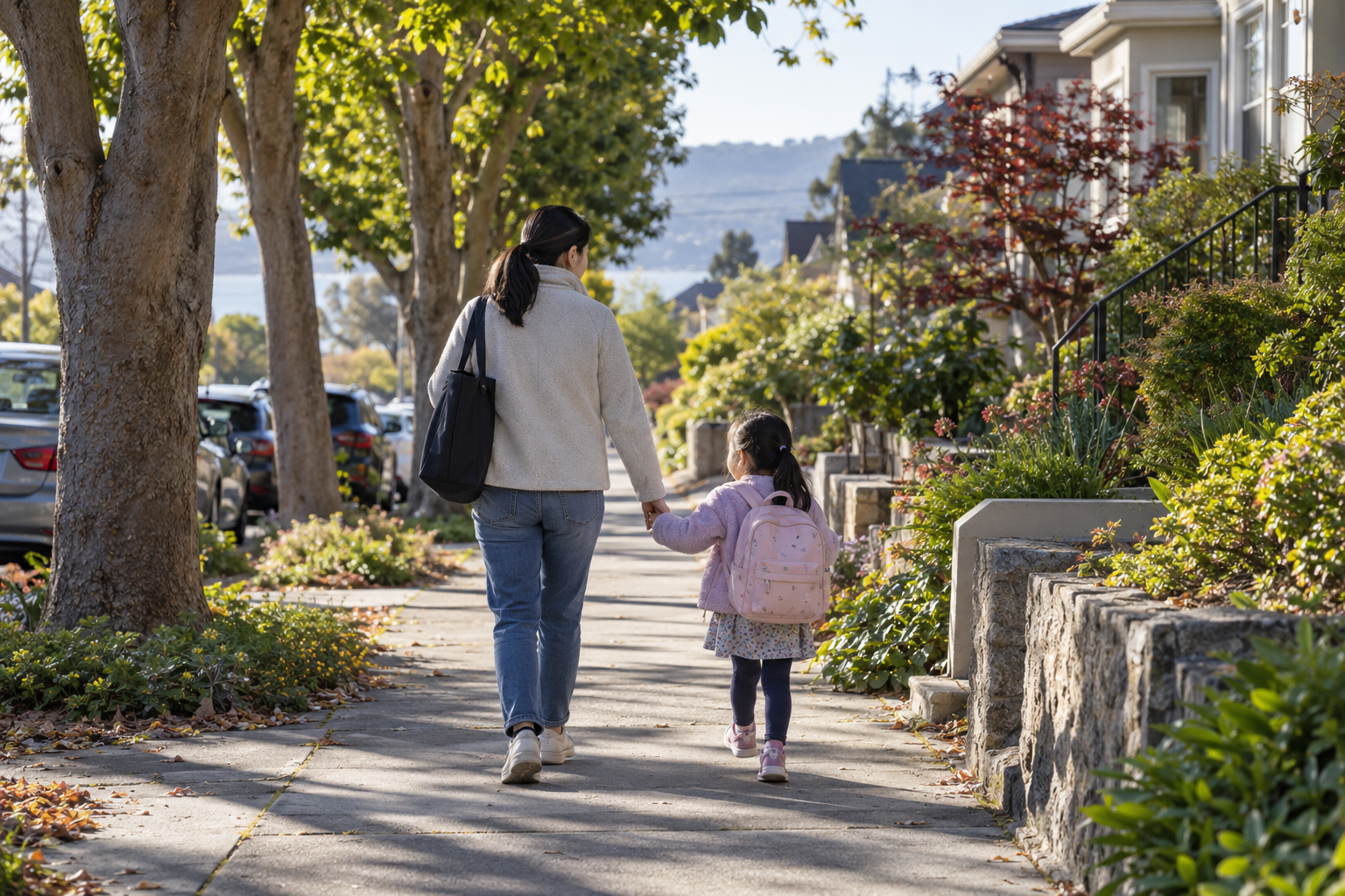 ベイエリアの住宅街を親子で歩く生成イメージ画像
