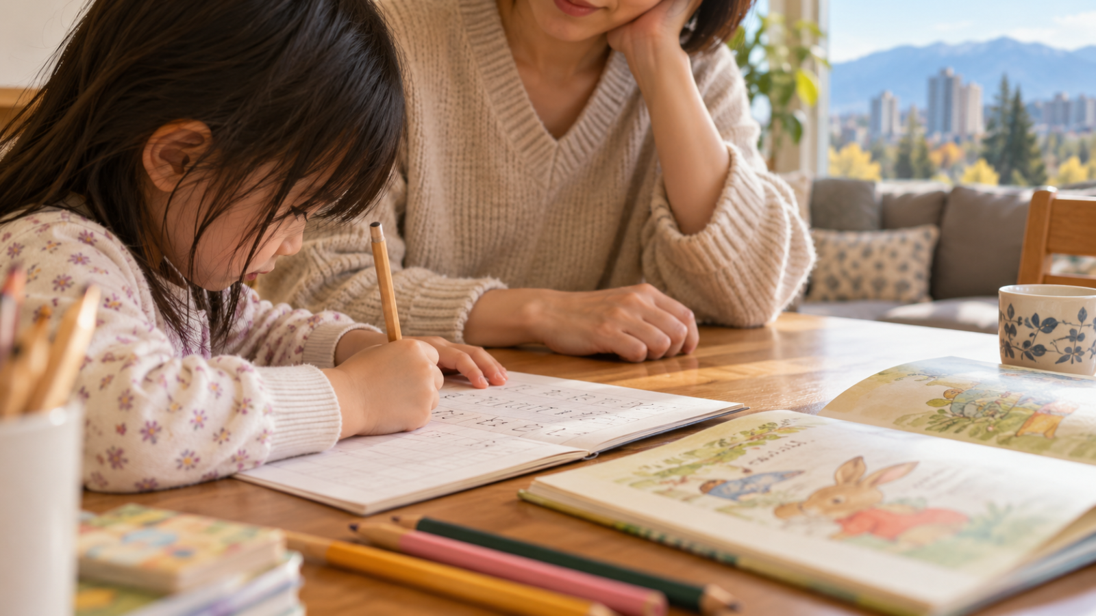 バーナビーの自宅で子どもが日本語の文字をノートに書くイメージ画像