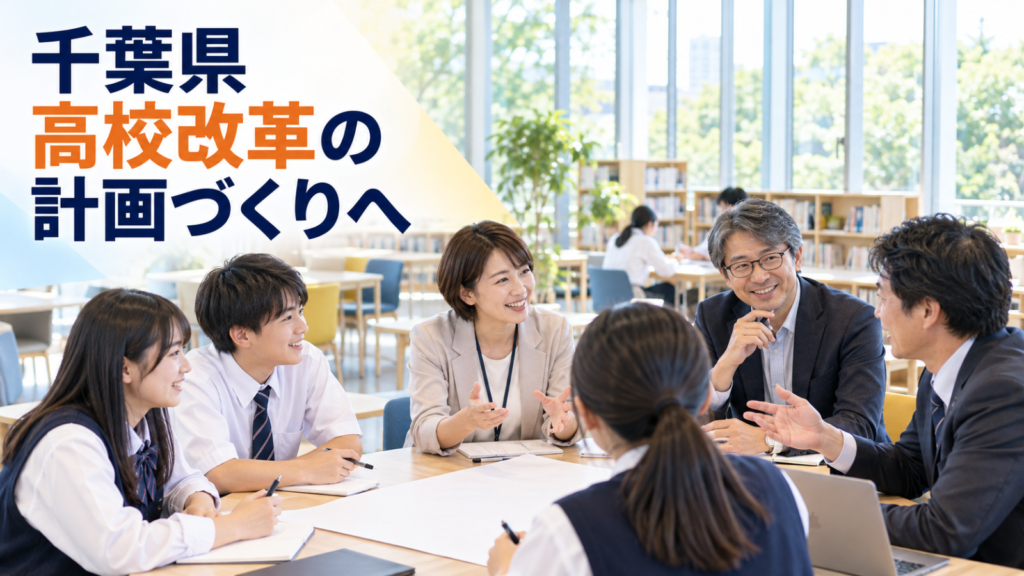 明るい会議室で高校生と地域の大人が話し合う写真に「千葉県 高校改革の 計画づくりへ」と記したサムネイル