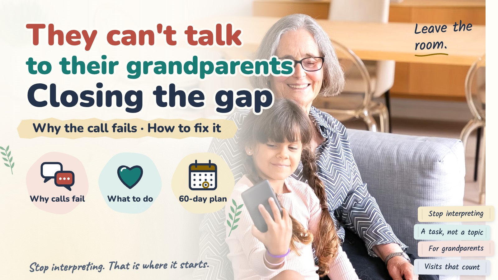 A grandmother and granddaughter together with a phone, with the article title: They cannot talk to their grandparents, closing the gap