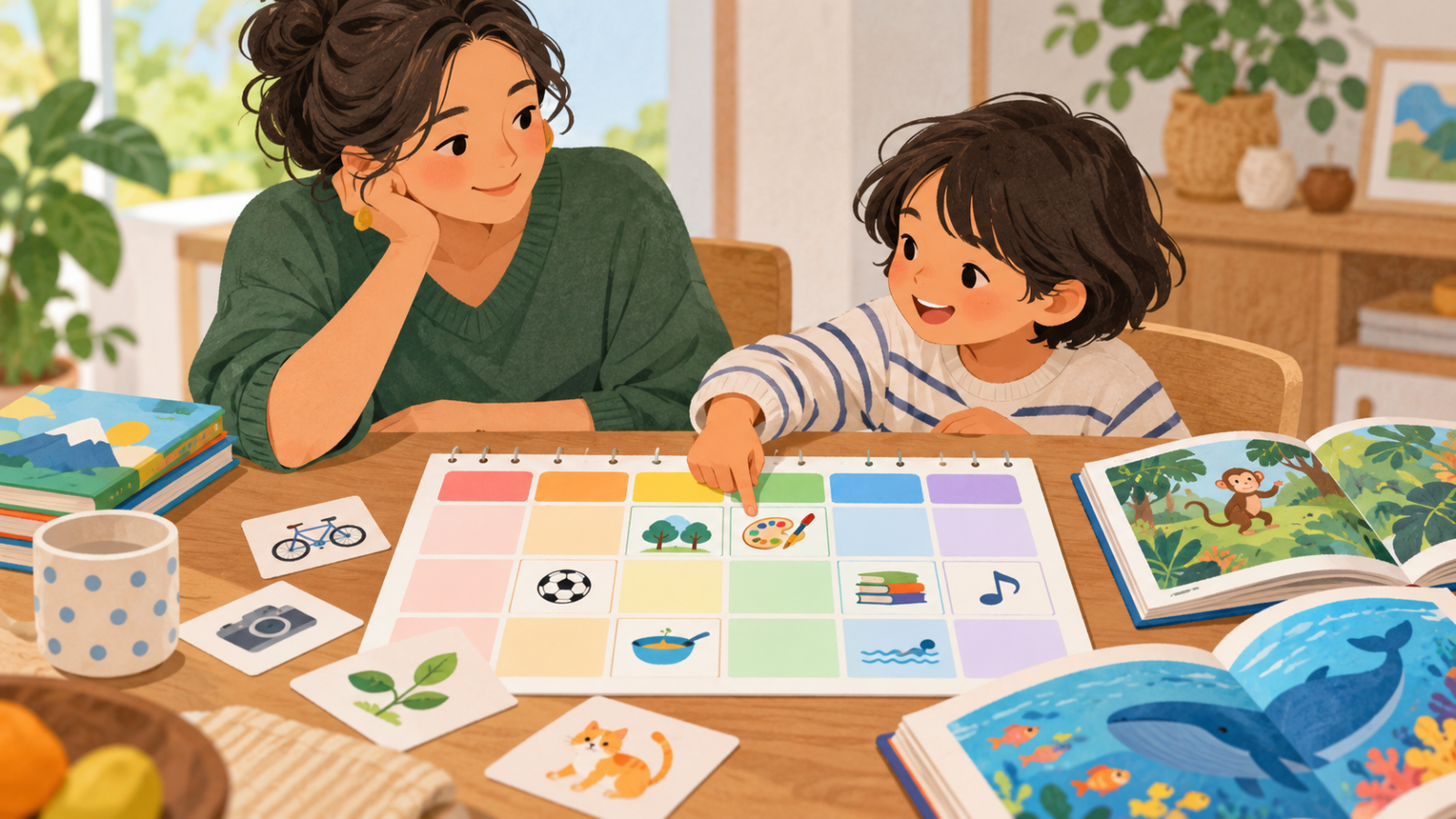 親子が本や遊びを使った家庭のことばの習慣を相談しているイメージ