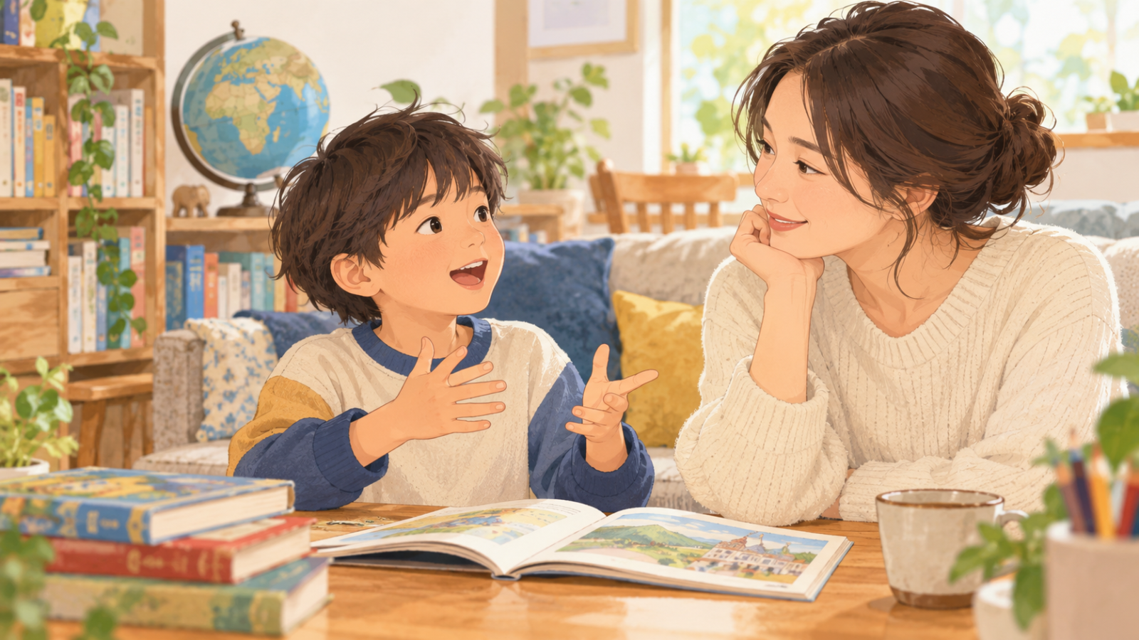 海外で子どもが日本語と現地語を使って親子で会話するイメージ