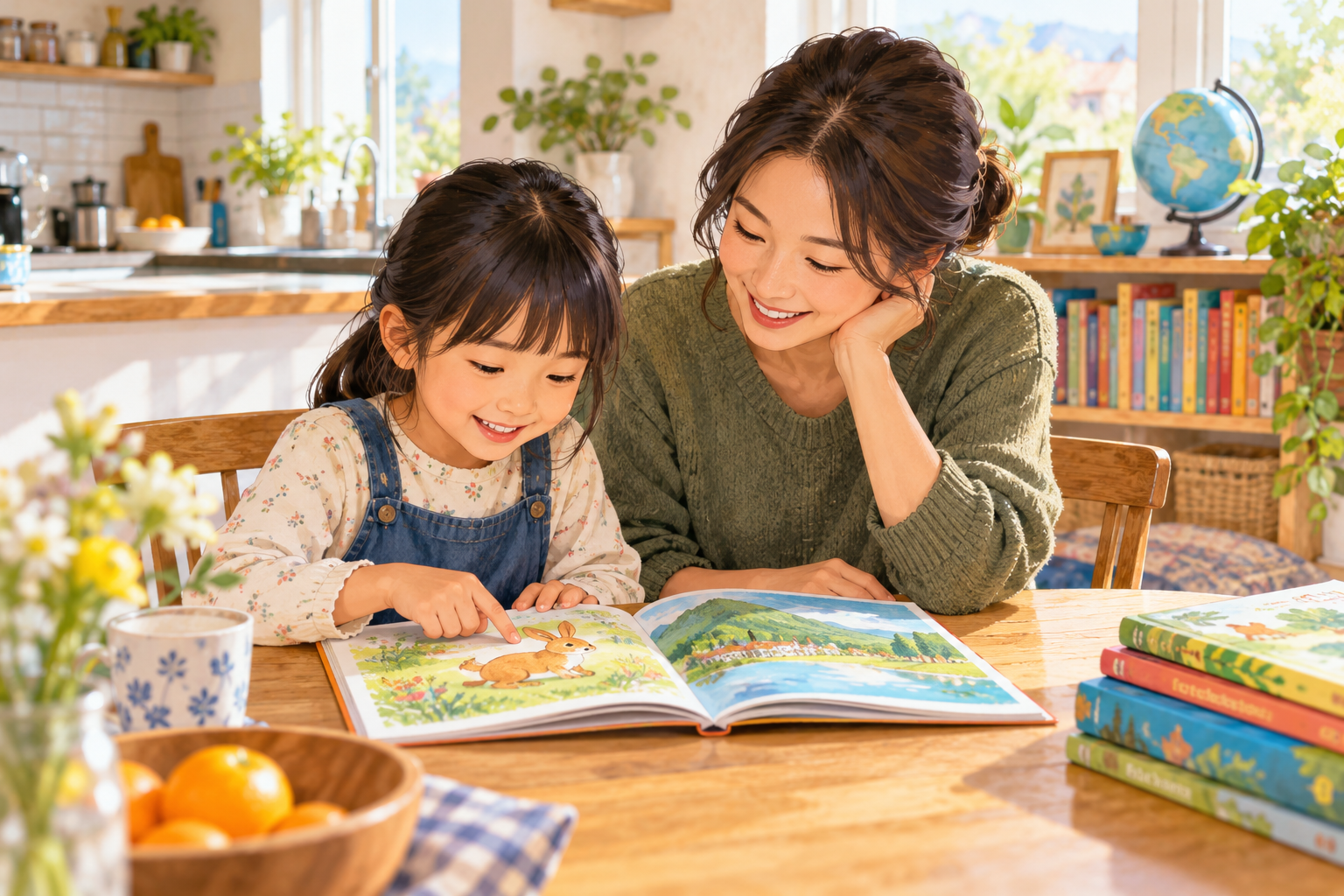 保護者と子どもが日本語の絵本を一緒に読む家庭のイメージ