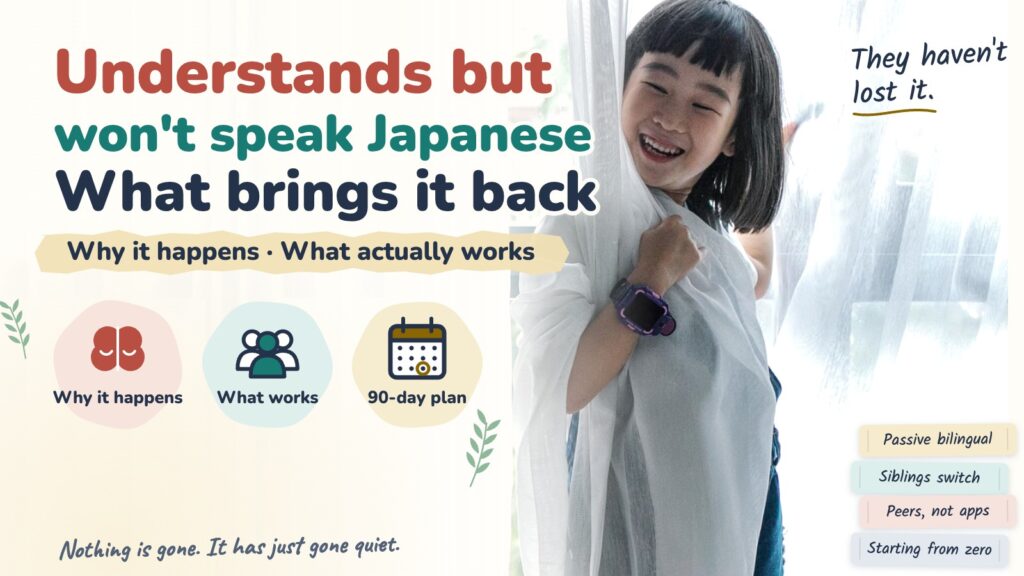 A smiling girl by a bright window, with the article title: Understands but will not speak Japanese