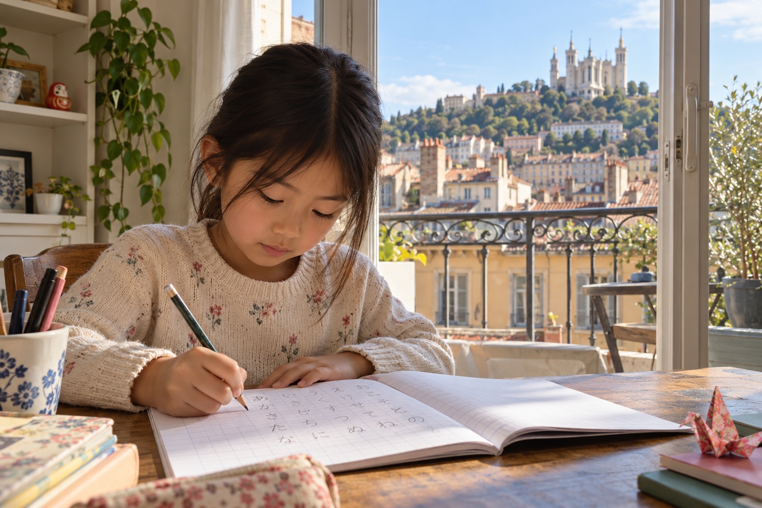 リヨンの街並みを窓から眺めながら子どもが日本語を書くイメージ