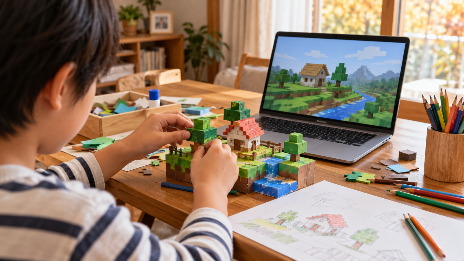 自宅で子どもがブロック模型とノートパソコンを使って制作しているイメージ
