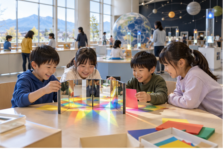 八ヶ岳の自然をイメージした、笑顔の日本人の子どもたちの観察体験イラスト