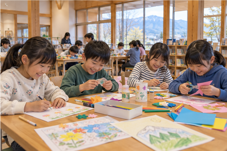 茅野市の公民館活動をイメージした、笑顔の子どもたちの文化体験イラスト