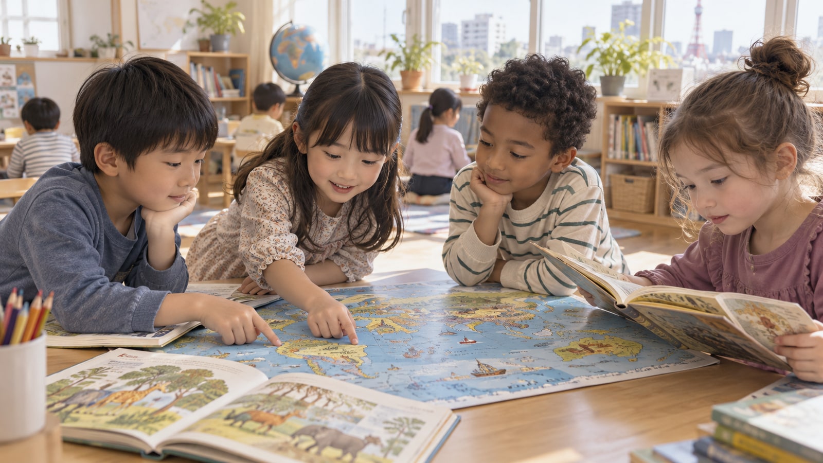 世界地図を囲み学ぶ子どもたちのイメージ