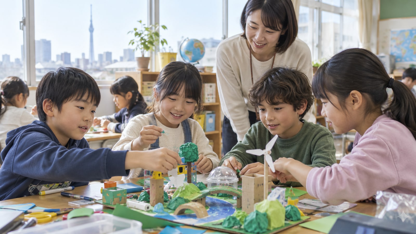 子どもたちと先生が協力して制作するイメージ