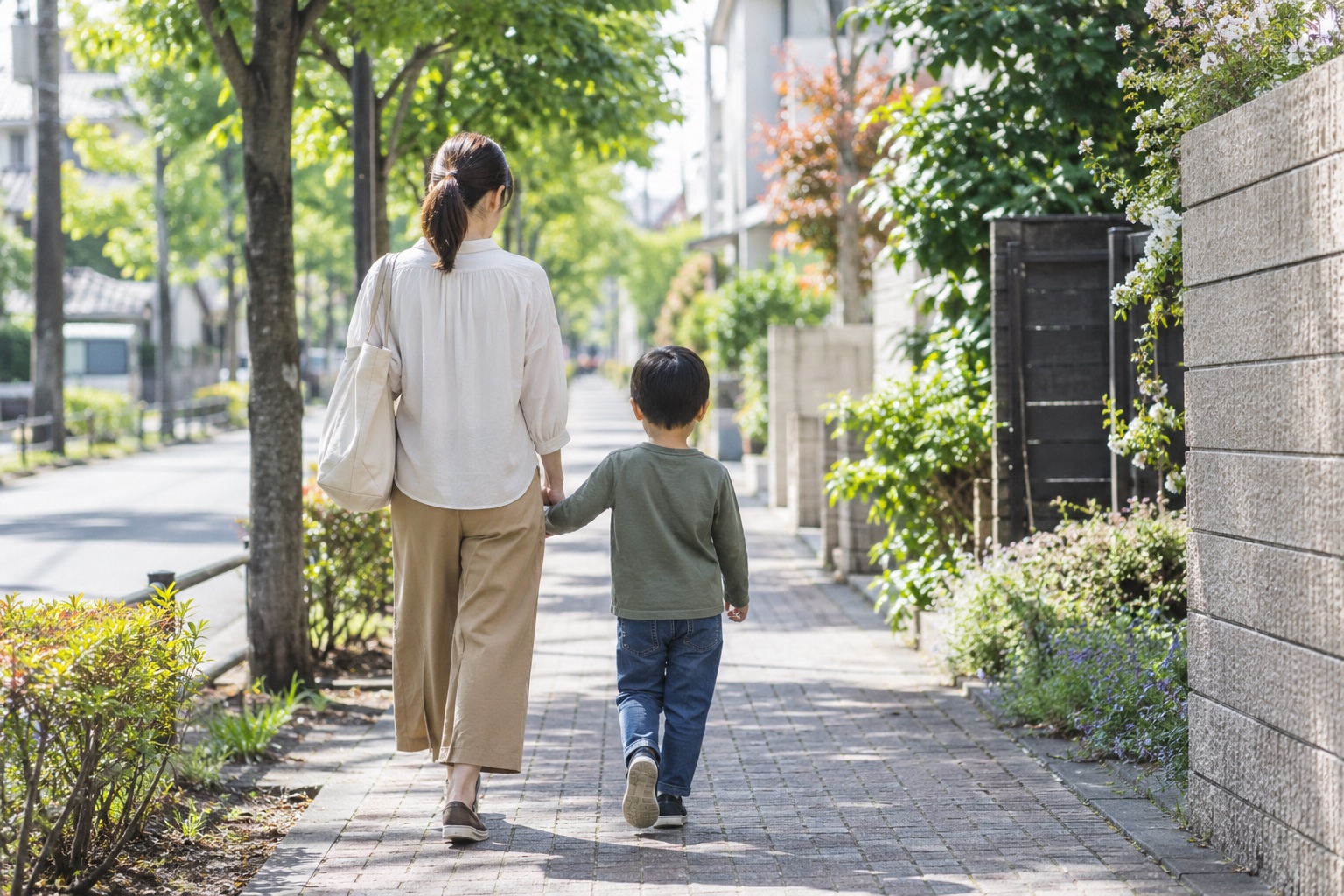調布市で親子が歩く住宅街のイメージ