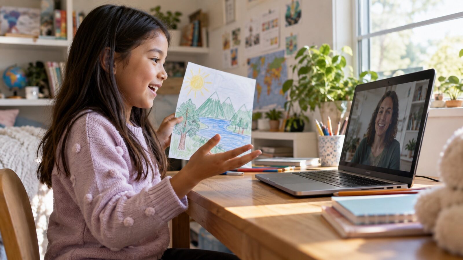 子どもがオンラインで作品を発表する様子