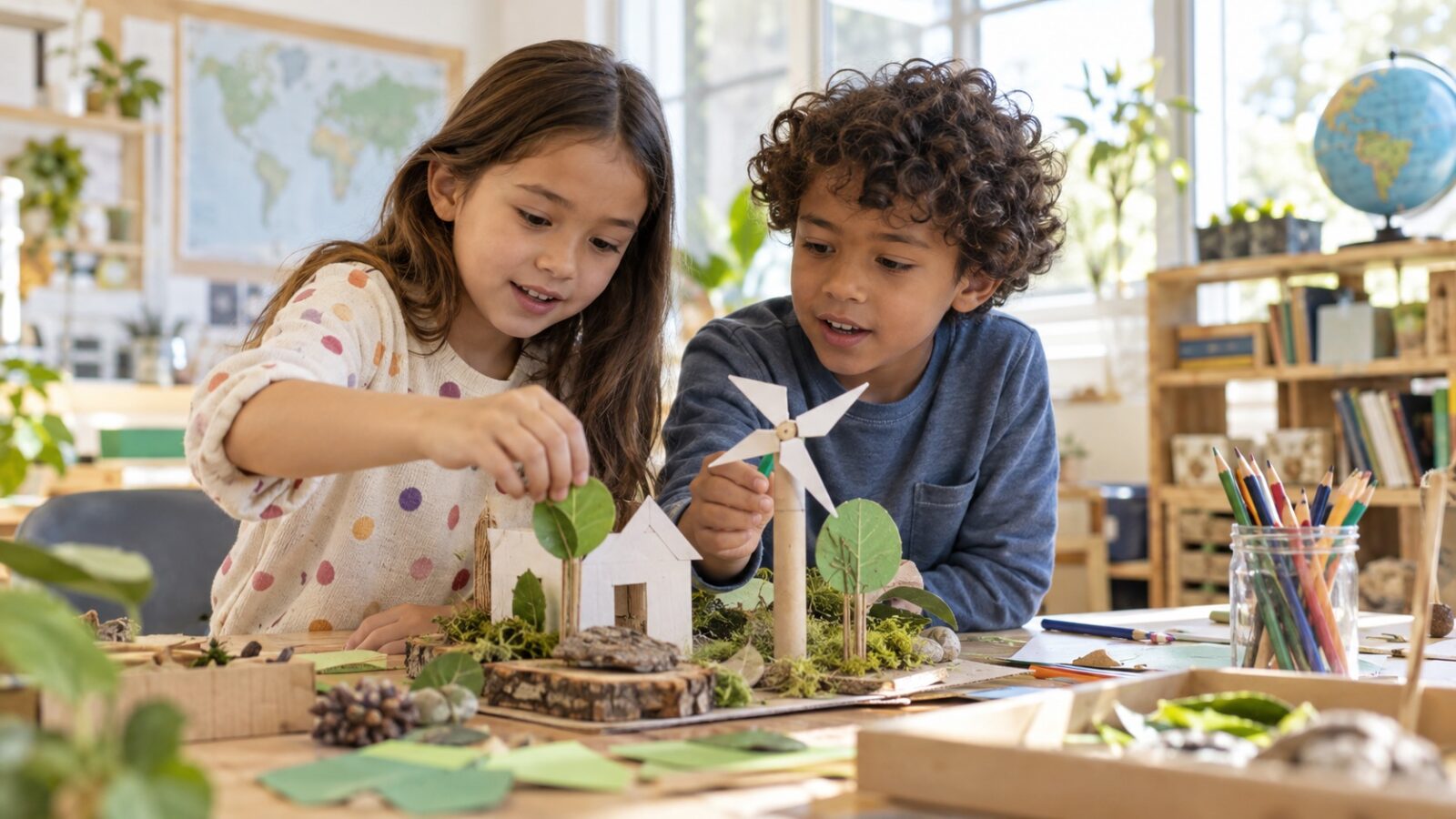 子どもたちが教室で協力して学ぶ様子