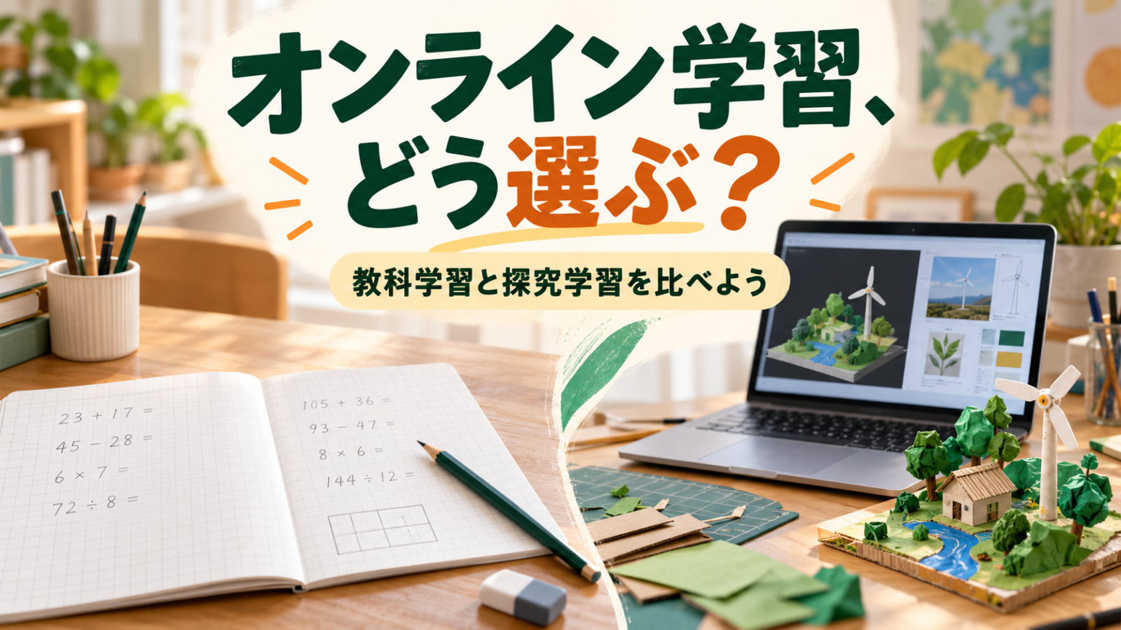問題演習のノートと創作プロジェクトを並べてオンライン学習の選び方を表すイメージ画像