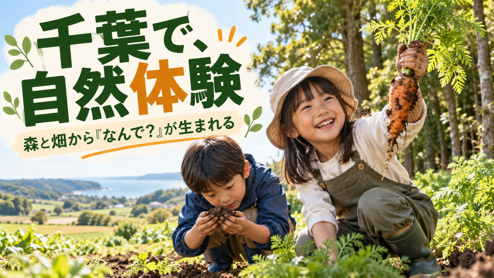 畑で収穫し土を観察する子どもと森や田畑の自然体験を表すイメージ画像
