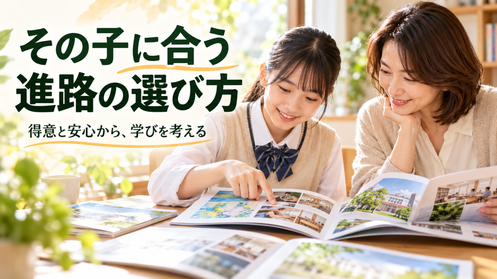 本人の得意と安心できる環境を考えながら親子で進路資料を比べるイメージ画像
