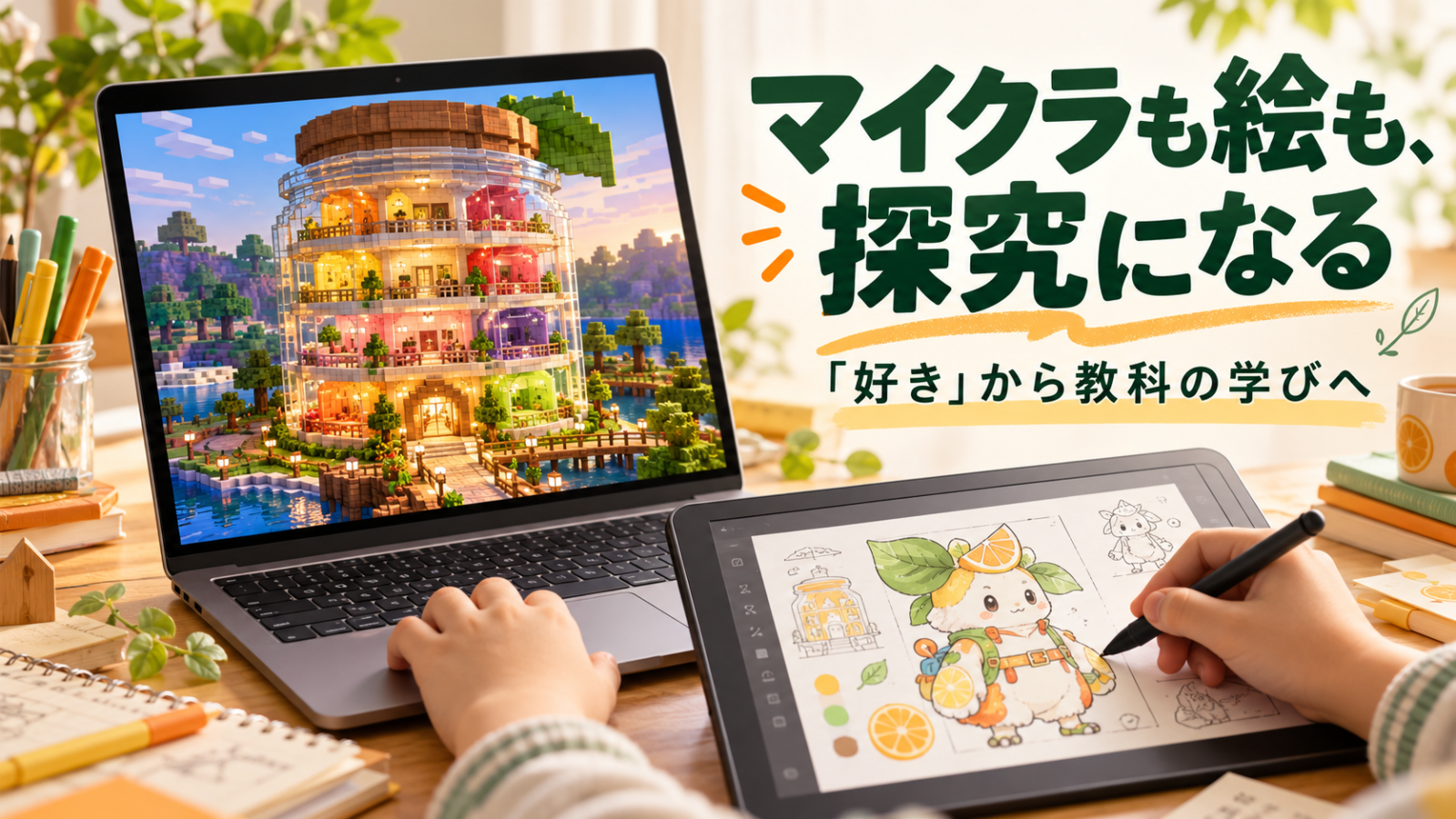 マイクラのホテルづくりとデジタルイラストから教科学習につながる探究を表すイメージ画像