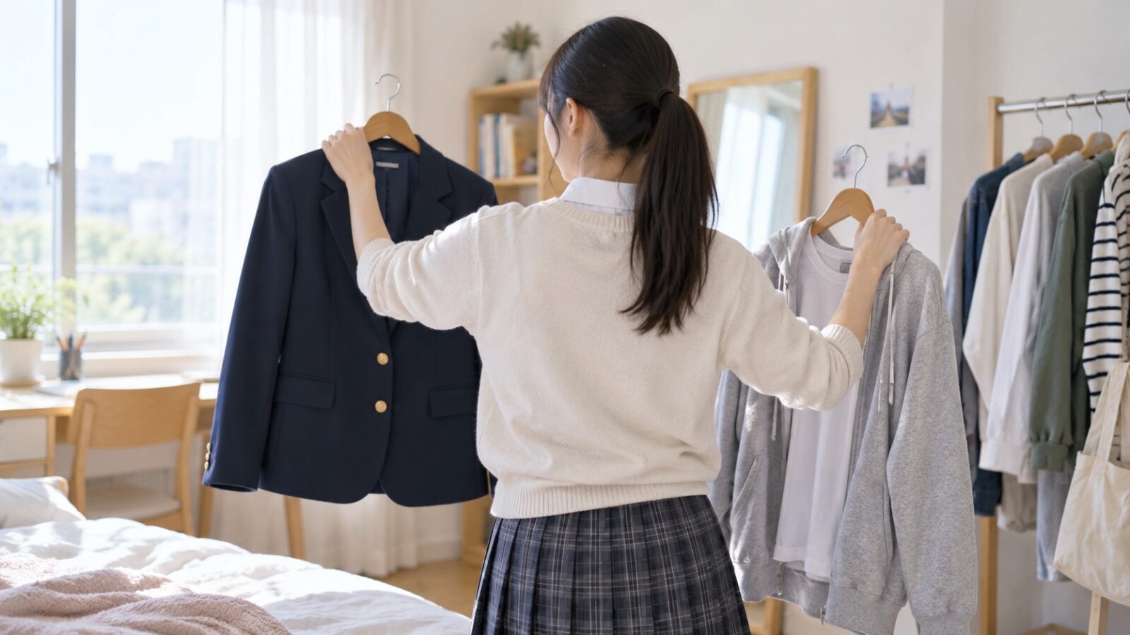 制服と私服を見比べて通学時の服装を考える高校生のイメージ。実在の学校制服ではありません