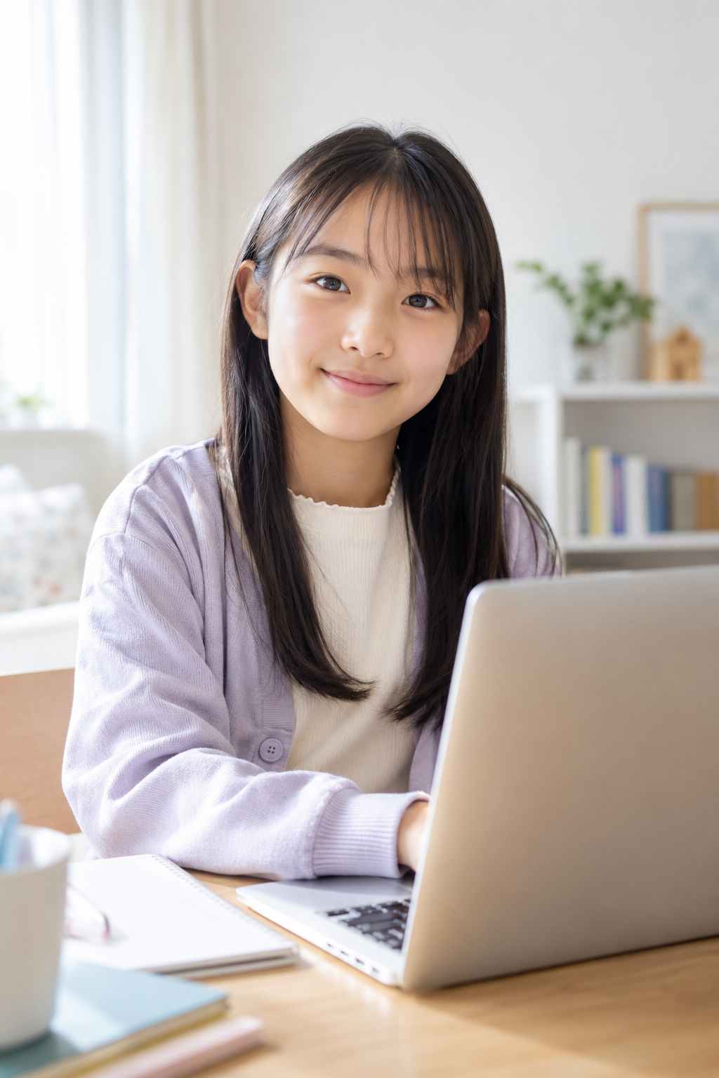 自宅でパソコンを使い、穏やかにほほえむ子どものイメージ