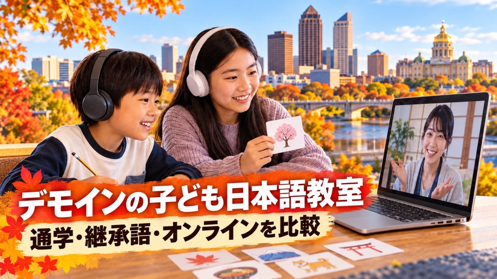 デモインの街並みを背景に、子どもの日本語学習先を紹介する記事タイトルを重ねたイメージ