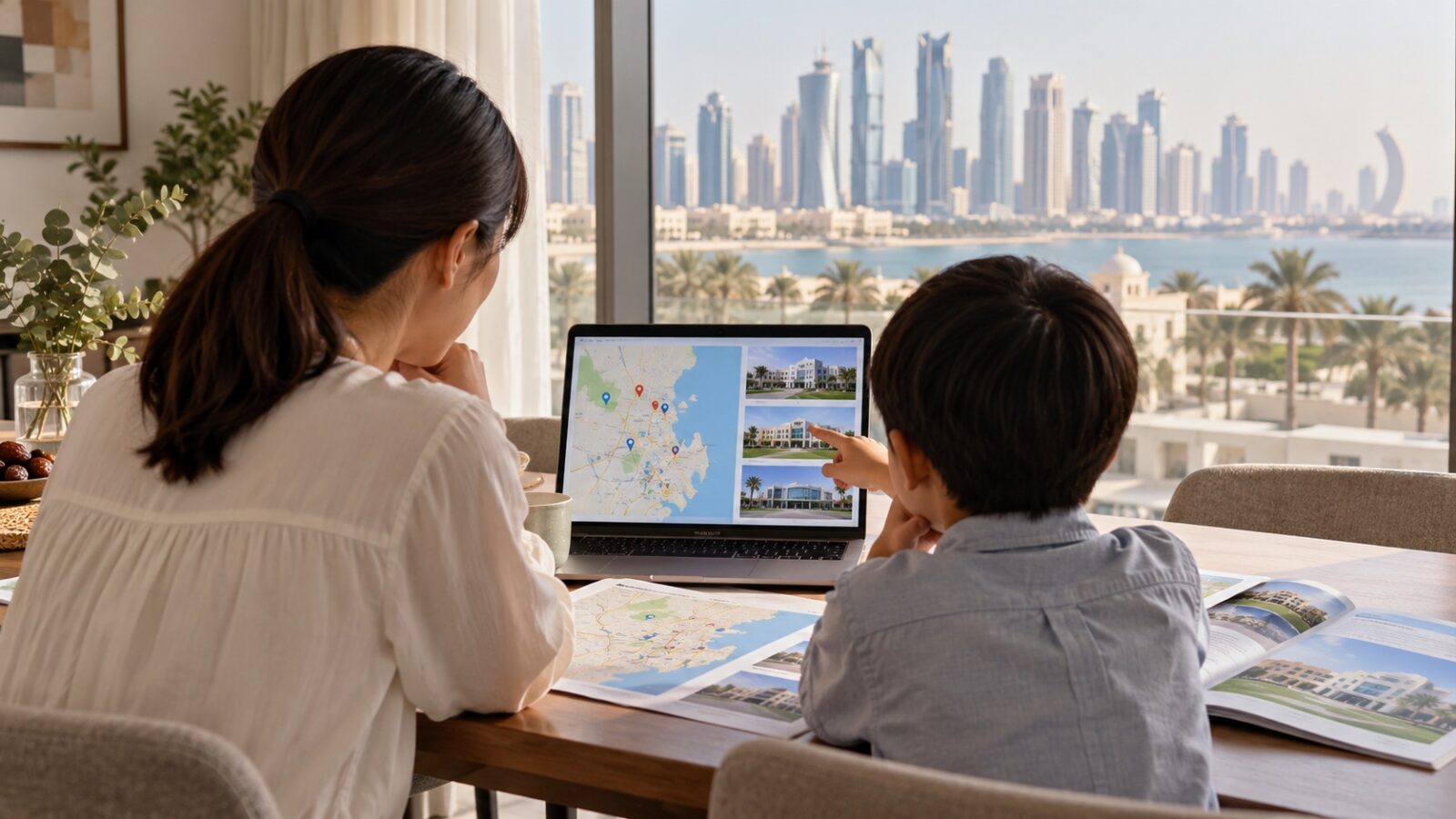 ドーハの地図と学校情報を見ながら通学先を検討する親子