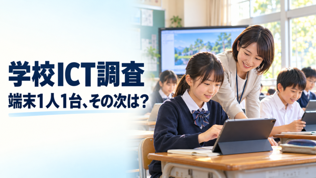 明るい教室でタブレット学習をする子どもと教員。学校ICT調査、端末1人1台のその先を示す文字入りサムネイル