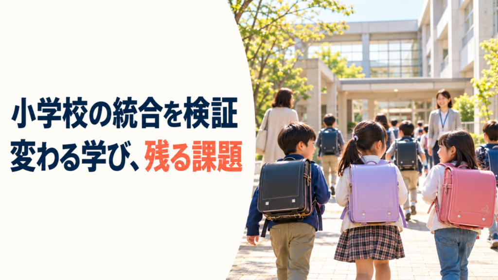 登校する小学生と学校の風景。小学校の統合を検証し、変わる学びと残る課題を示す文字入りサムネイル