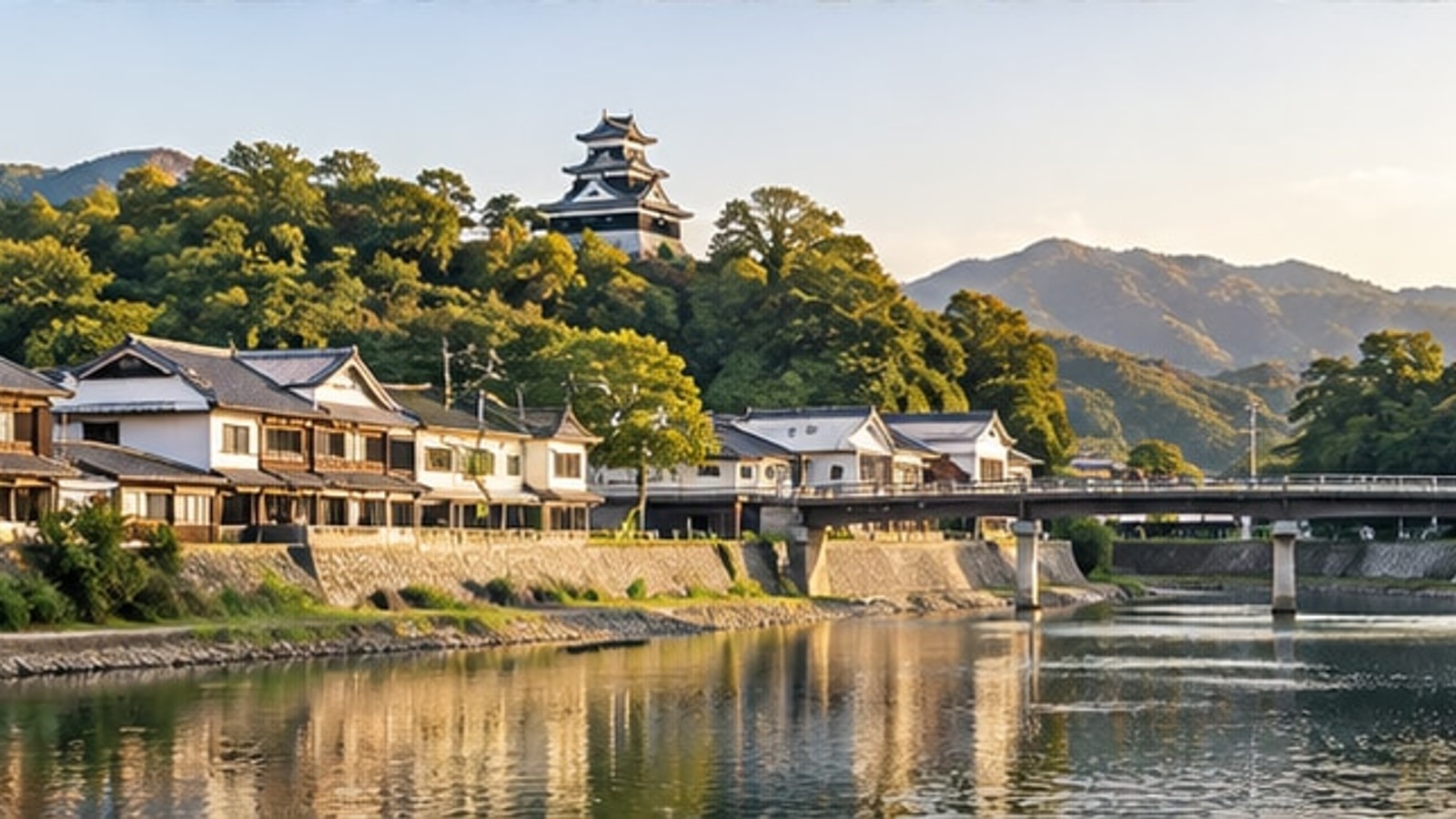 大洲の町並みと川辺をイメージした風景