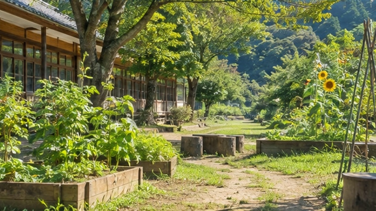 緑の庭と花がある学びの環境をイメージした風景