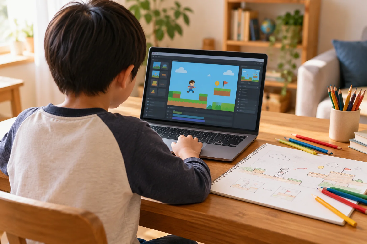 自宅でゲーム制作の画面と設計ノートを見ながら考える小学生のイメージ