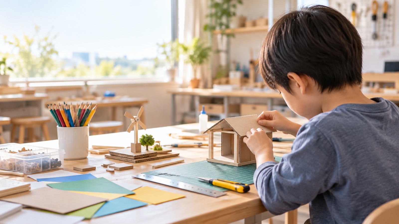 小学生が工作教室で段ボールの模型を組み立てる様子(AI生成イメージ)