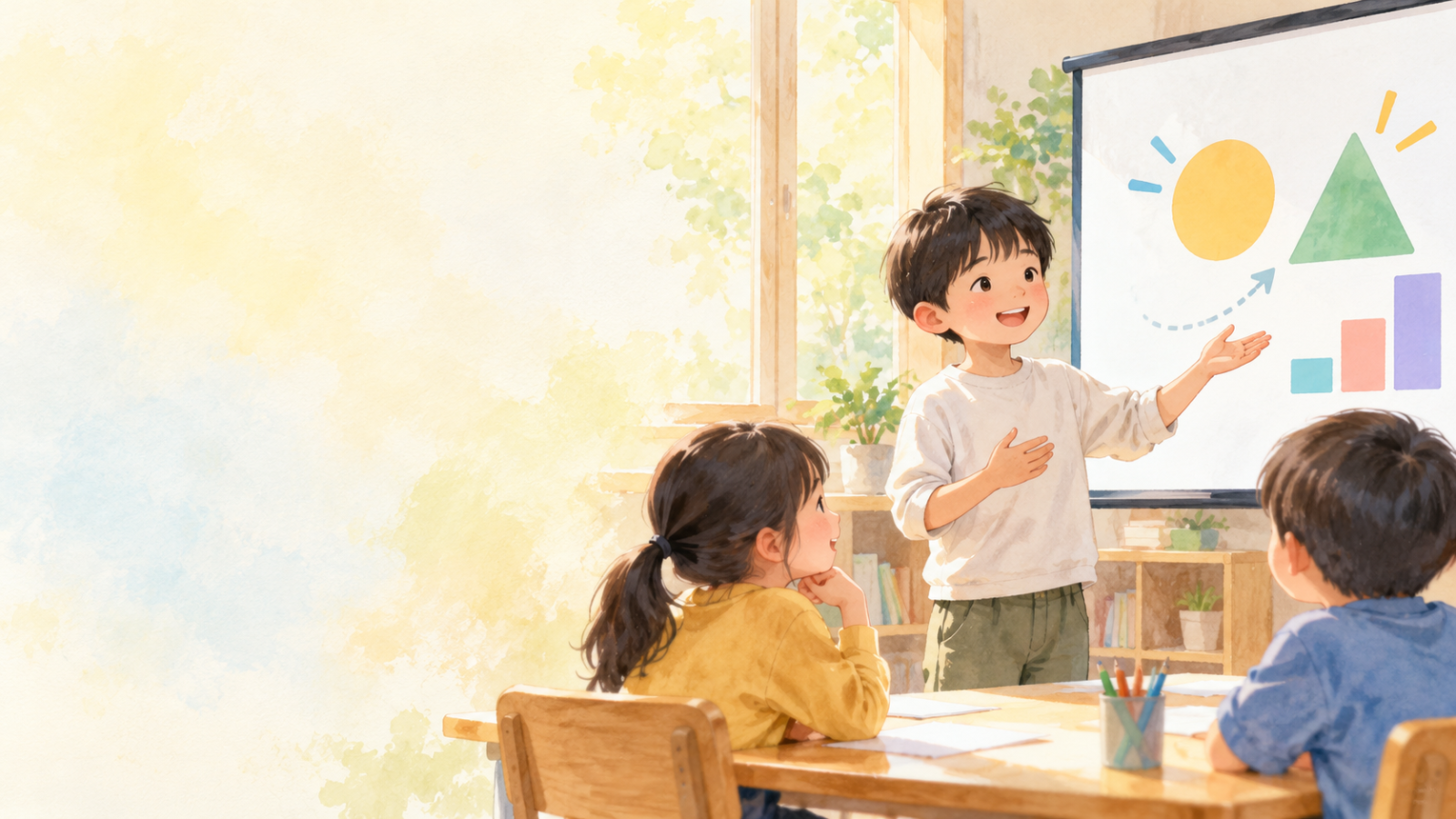 小学生が仲間にアイデアを発表するイラスト