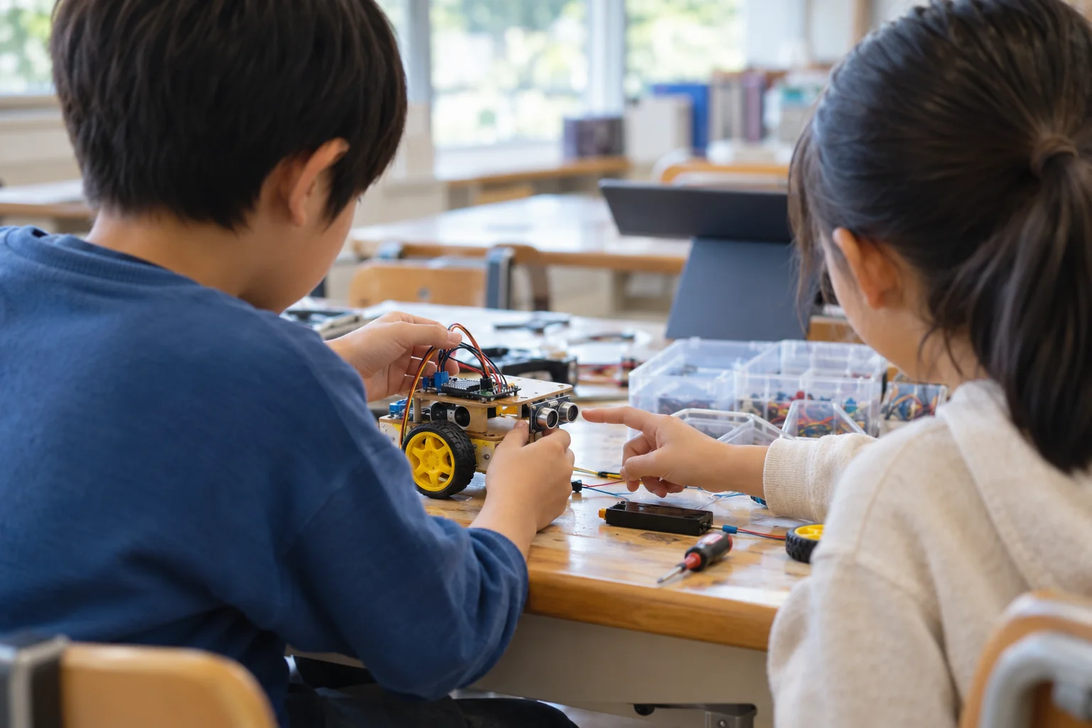 ロボットの動きを相談しながら組み立てる子どもたちのイメージ