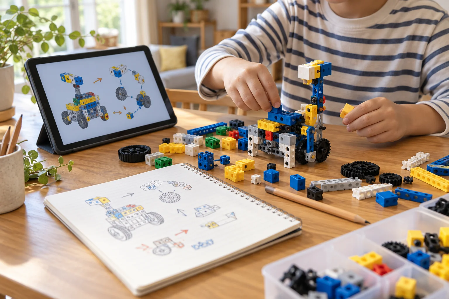 自宅でロボットの設計図とブロックを見比べて試す子どものイメージ