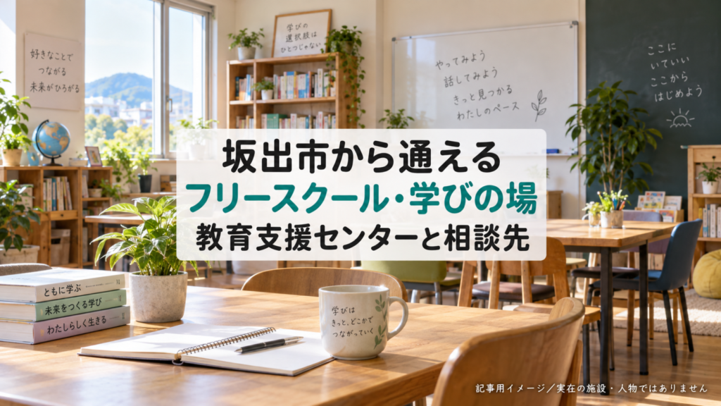 坂出市のフリースクール・学びの場を示す文字入り記事用サムネイル（実在の施設・人物ではありません）