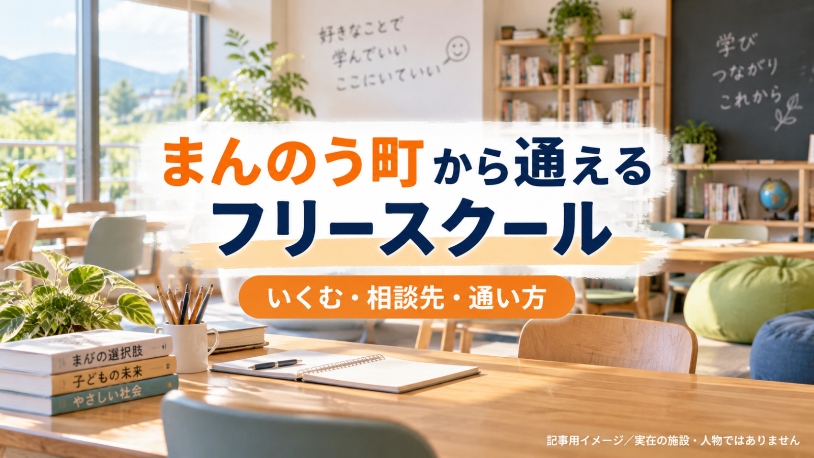 まんのう町から通えるフリースクールを示す文字入り記事用サムネイル（実在の施設・人物ではありません）