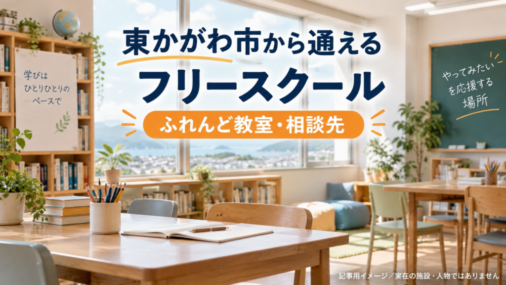 東かがわ市から通えるフリースクールを示す文字入り記事用サムネイル（実在の施設・人物ではありません）