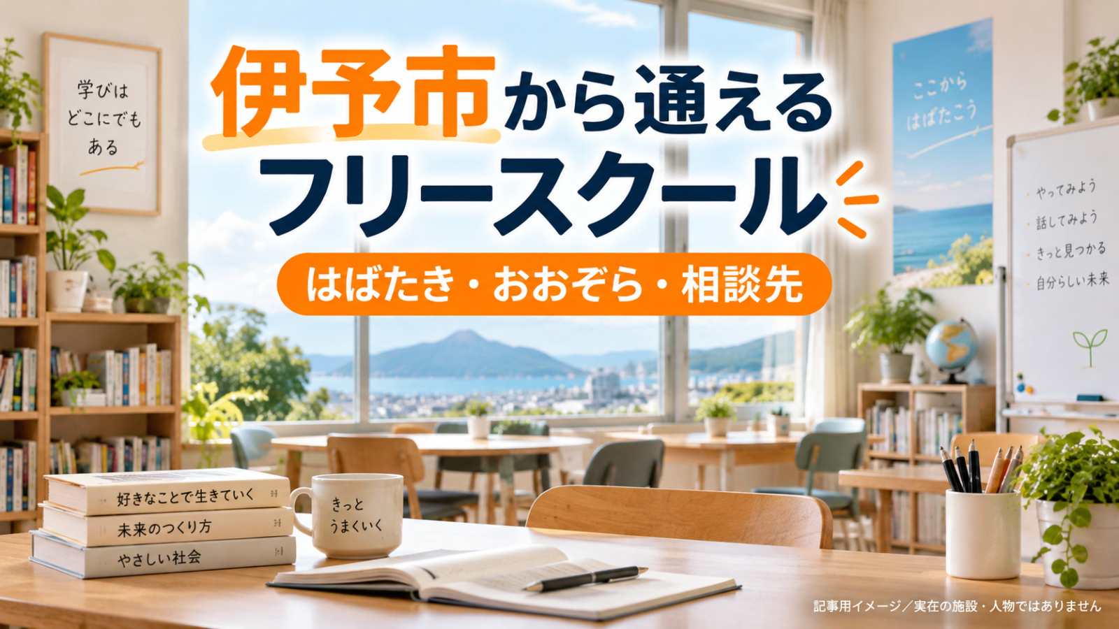 伊予市から通えるフリースクールを示す文字入り記事用サムネイル（実在の施設・人物ではありません）