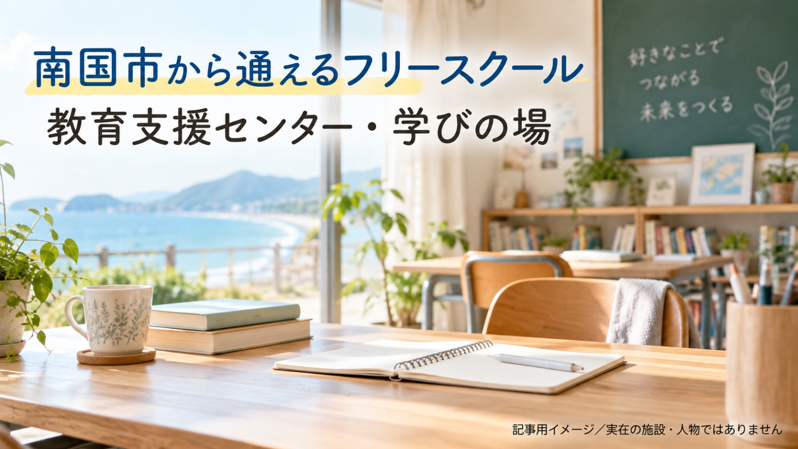南国市から通えるフリースクールを示す文字入り記事用サムネイル（実在の施設・人物ではありません）