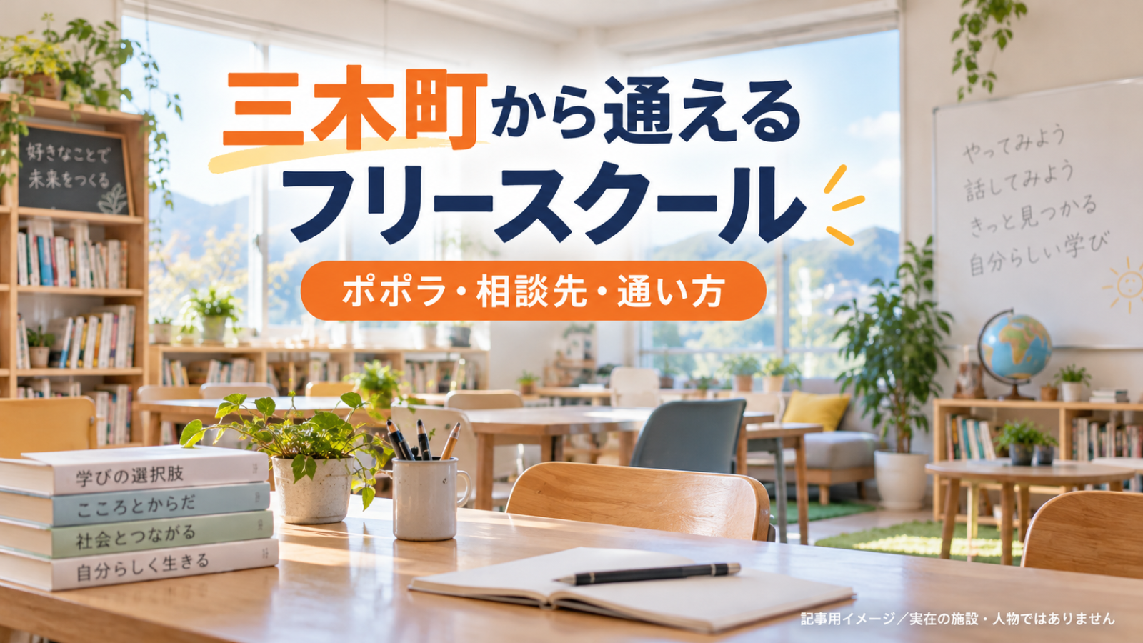 三木町から通えるフリースクールを示す文字入り記事用サムネイル（実在の施設・人物ではありません）