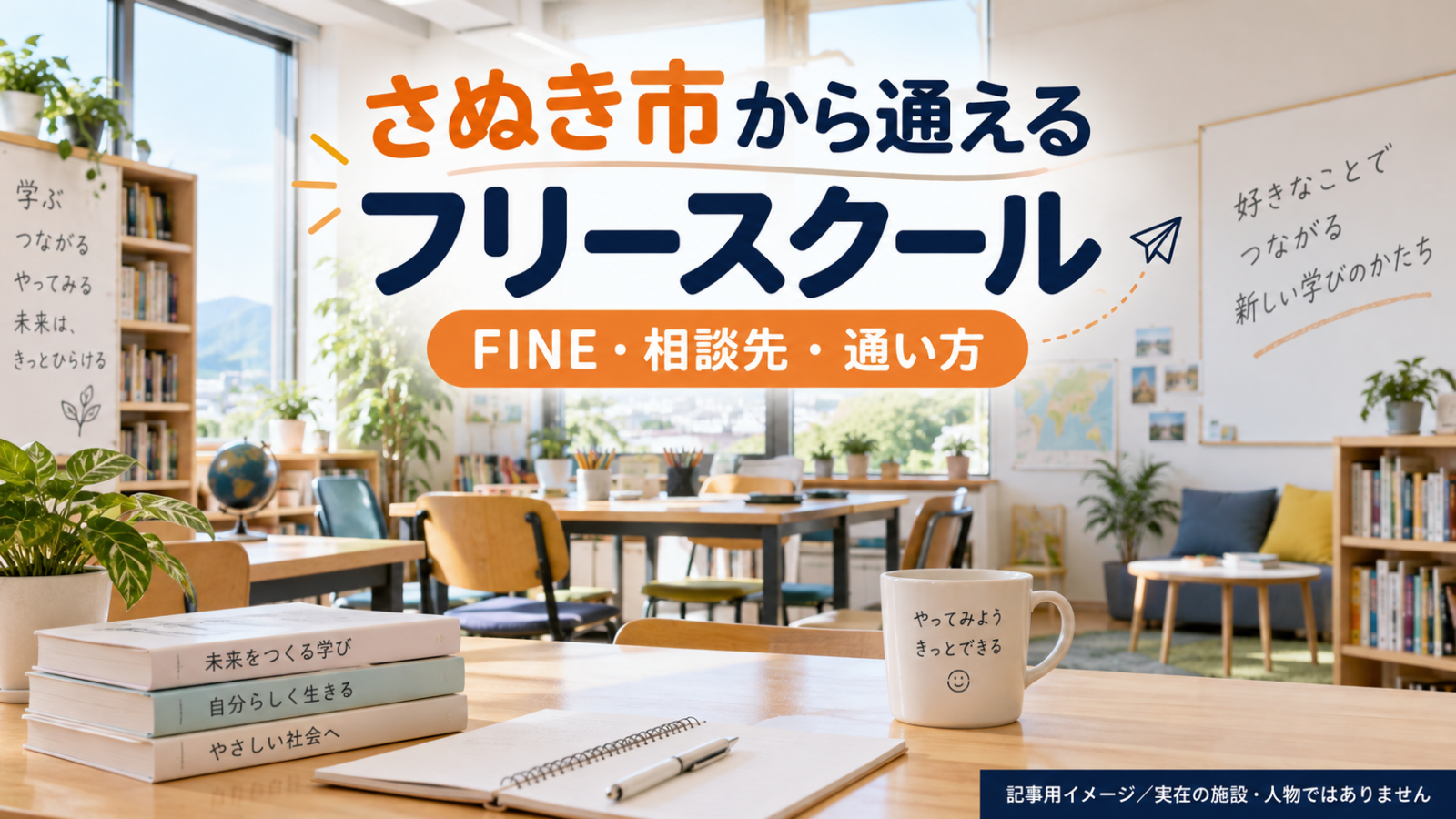 さぬき市から通えるフリースクールを示す文字入り記事用サムネイル(実在の施設・人物ではありません)