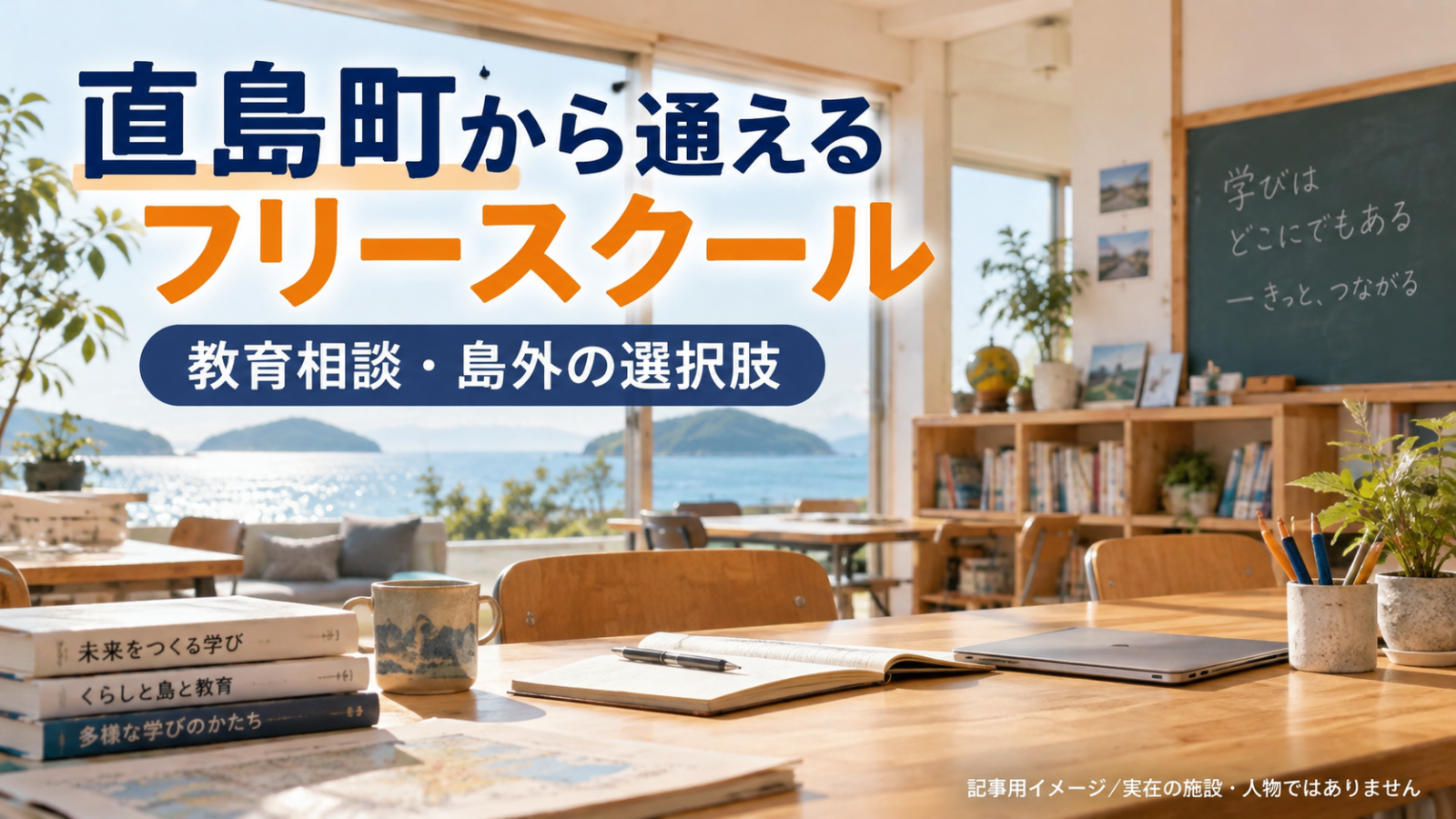 直島町から通えるフリースクールを示す文字入り記事用サムネイル（実在の施設・人物ではありません）