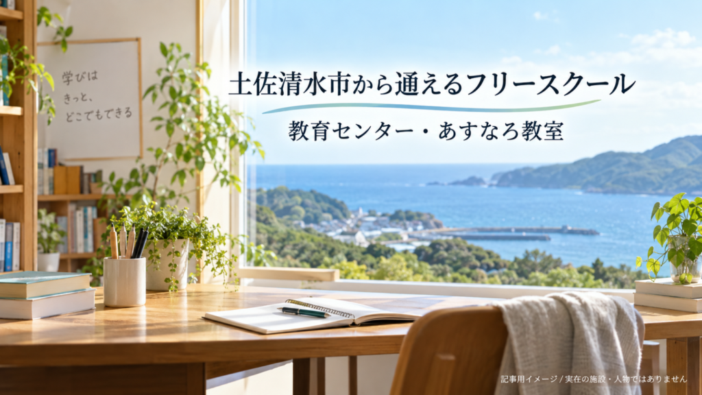 土佐清水市から通えるフリースクールを示す文字入り記事用サムネイル（実在の施設・人物ではありません）