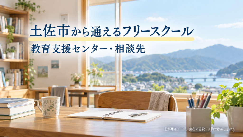 土佐市から通えるフリースクールを示す文字入り記事用サムネイル（実在の施設・人物ではありません）