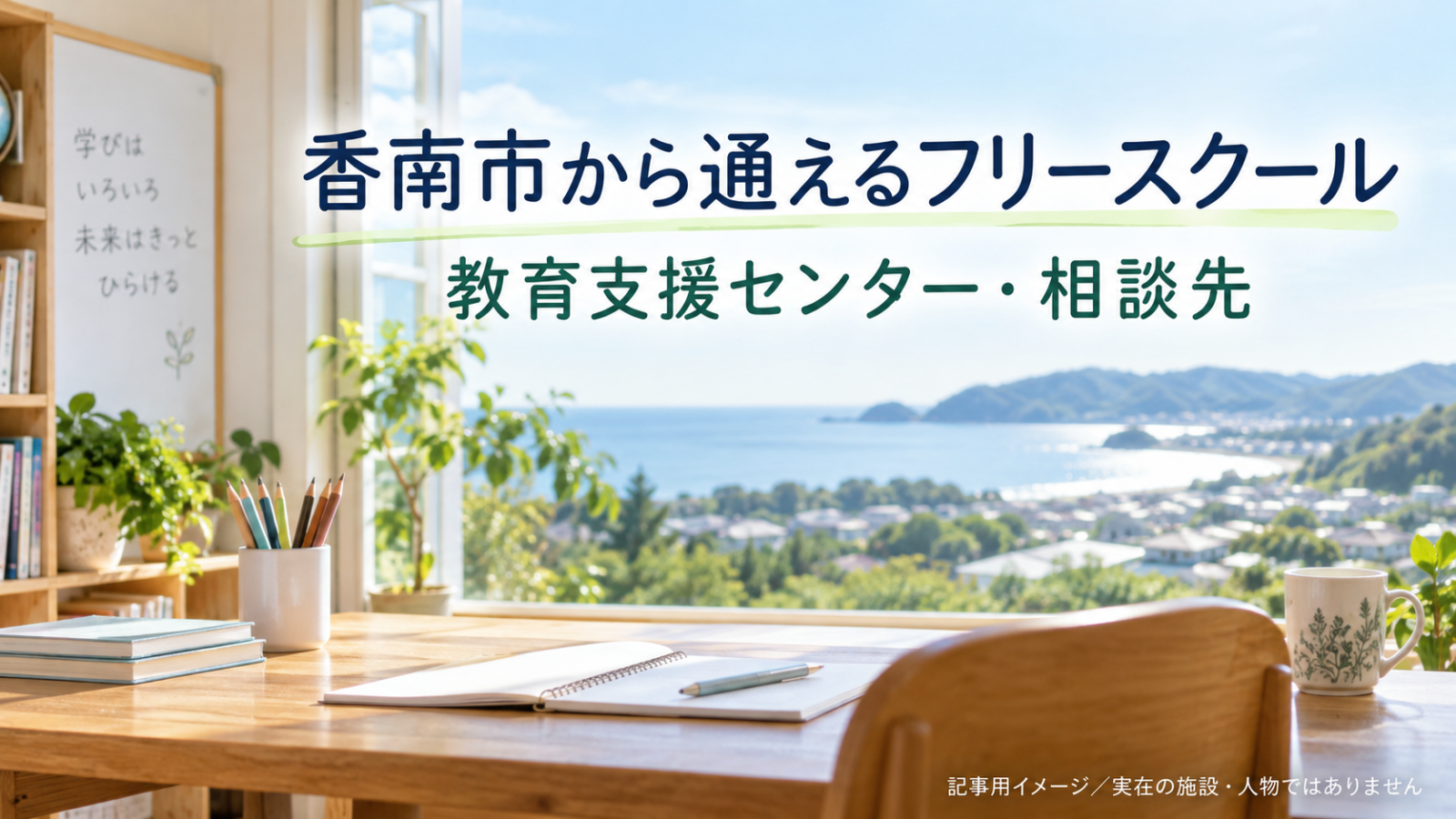 香南市から通えるフリースクールを示す文字入り記事用サムネイル（実在の施設・人物ではありません）