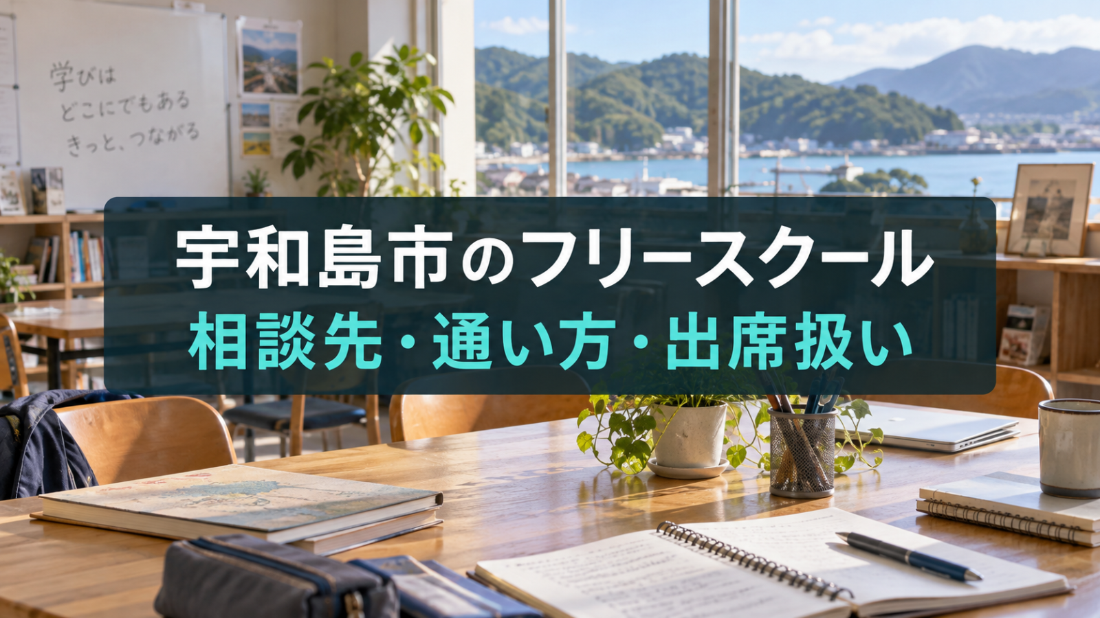 宇和島市のフリースクールを探すための相談先と通い方を示す文字入り記事用ビジュアル